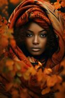 photo of emotional dynamic pose African woman in autumn AI Generative