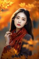 photo of emotional dynamic pose Asian woman in autumn AI Generative