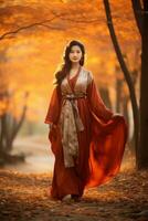 photo of emotional dynamic pose Asian woman in autumn AI Generative