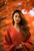 photo of emotional dynamic pose Asian woman in autumn AI Generative