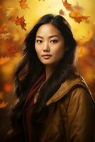 photo of emotional dynamic pose Asian woman in autumn AI Generative