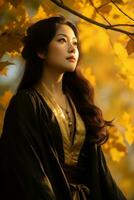 photo of emotional dynamic pose Asian woman in autumn AI Generative