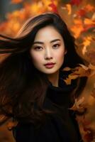 photo of emotional dynamic pose Asian woman in autumn AI Generative