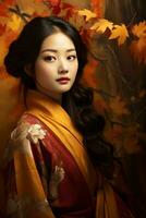 photo of emotional dynamic pose Asian woman in autumn AI Generative