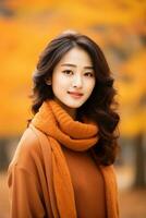 photo of emotional dynamic pose Asian woman in autumn AI Generative