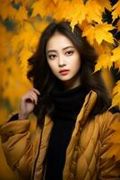 photo of emotional dynamic pose Asian woman in autumn AI Generative