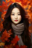 photo of emotional dynamic pose Asian woman in autumn AI Generative