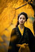 photo of emotional dynamic pose Asian woman in autumn AI Generative