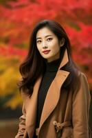 photo of emotional dynamic pose Asian woman in autumn AI Generative