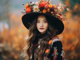 photo of emotional dynamic pose Asian woman in autumn AI Generative