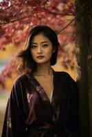 photo of emotional dynamic pose Asian woman in autumn AI Generative