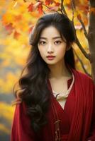 photo of emotional dynamic pose Asian woman in autumn AI Generative