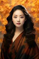 photo of emotional dynamic pose Asian woman in autumn AI Generative