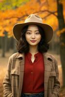 photo of emotional dynamic pose Asian woman in autumn AI Generative