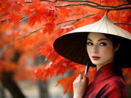 photo of emotional dynamic pose Asian woman in autumn AI Generative