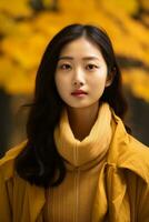 photo of emotional dynamic pose Asian woman in autumn AI Generative