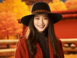 photo of emotional dynamic pose Asian woman in autumn AI Generative