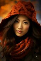 photo of emotional dynamic pose Asian woman in autumn AI Generative