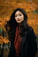 photo of emotional dynamic pose Asian woman in autumn AI Generative