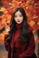 photo of emotional dynamic pose Asian woman in autumn AI Generative