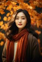 photo of emotional dynamic pose Asian woman in autumn AI Generative