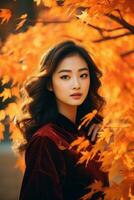 photo of emotional dynamic pose Asian woman in autumn AI Generative