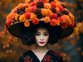 photo of emotional dynamic pose Asian woman in autumn AI Generative