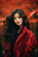 photo of emotional dynamic pose Asian woman in autumn AI Generative