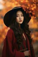 photo of emotional dynamic pose Asian woman in autumn AI Generative