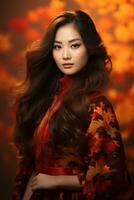 photo of emotional dynamic pose Asian woman in autumn AI Generative