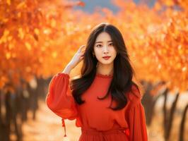 photo of emotional dynamic pose Asian woman in autumn AI Generative