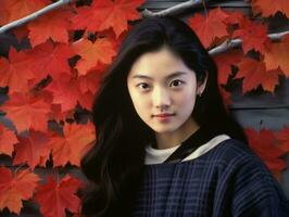 photo of emotional dynamic pose Asian woman in autumn AI Generative