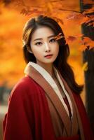 photo of emotional dynamic pose Asian woman in autumn AI Generative