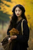 photo of emotional dynamic pose Asian woman in autumn AI Generative