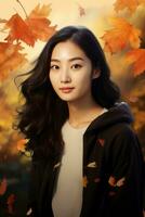 photo of emotional dynamic pose Asian woman in autumn AI Generative