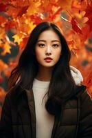 photo of emotional dynamic pose Asian woman in autumn AI Generative