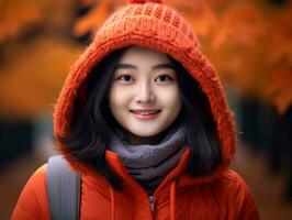 photo of emotional dynamic pose Asian woman in autumn AI Generative