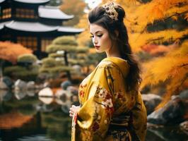 photo of emotional dynamic pose Asian woman in autumn AI Generative