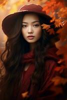 photo of emotional dynamic pose Asian woman in autumn AI Generative