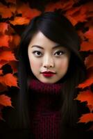 photo of emotional dynamic pose Asian woman in autumn AI Generative