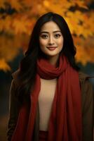 photo of emotional dynamic pose Asian woman in autumn AI Generative