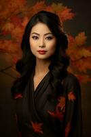 photo of emotional dynamic pose Asian woman in autumn AI Generative