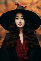 photo of emotional dynamic pose Asian woman in autumn AI Generative