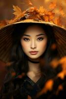 photo of emotional dynamic pose Asian woman in autumn AI Generative