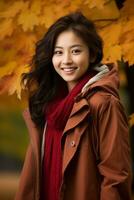 photo of emotional dynamic pose Asian woman in autumn AI Generative