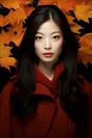 photo of emotional dynamic pose Asian woman in autumn AI Generative