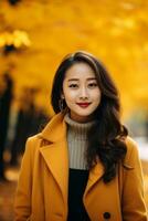 photo of emotional dynamic pose Asian woman in autumn AI Generative