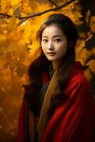 photo of emotional dynamic pose Asian woman in autumn AI Generative