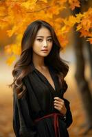 photo of emotional dynamic pose Asian woman in autumn AI Generative