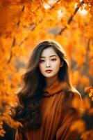 photo of emotional dynamic pose Asian woman in autumn AI Generative